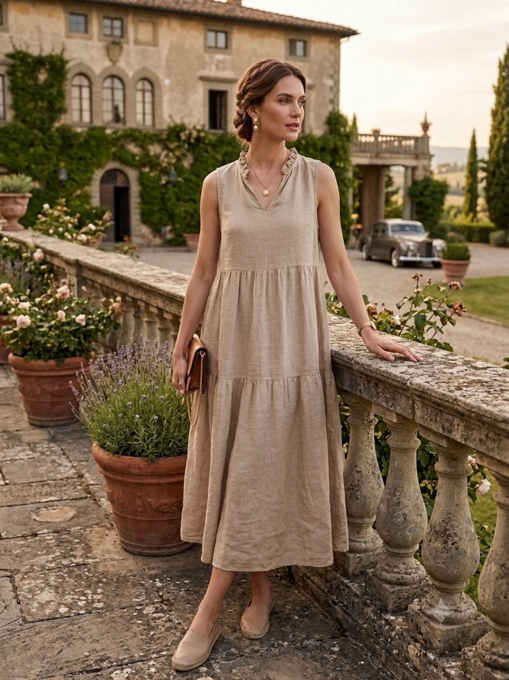 Sleeveless beige Linen Tiered Maxi Dress Made in Italy Sz L